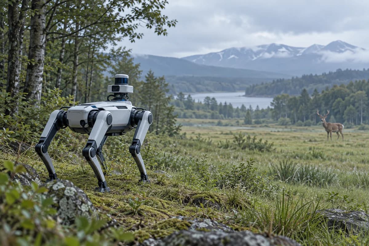 森と草地の境界に立つ四脚ロボットと、遠くにいる鹿のコンセプト画像